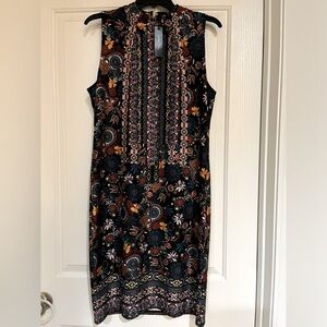Melissa Paige, knee length, multi-colored dress, High collar, zipper back.